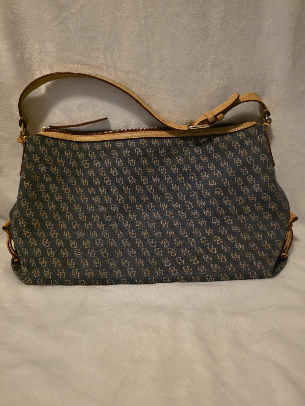 Dooney & Bourke Navy Monogram Shoulder Bag with Tan Trim
